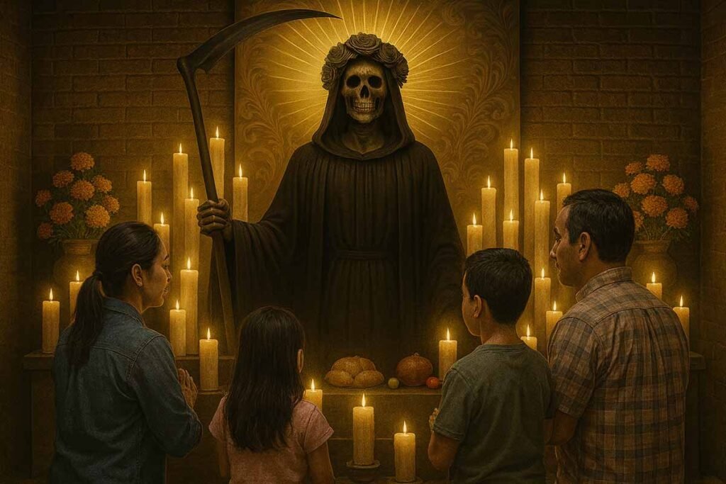 Familia orando ante Madre Muerte